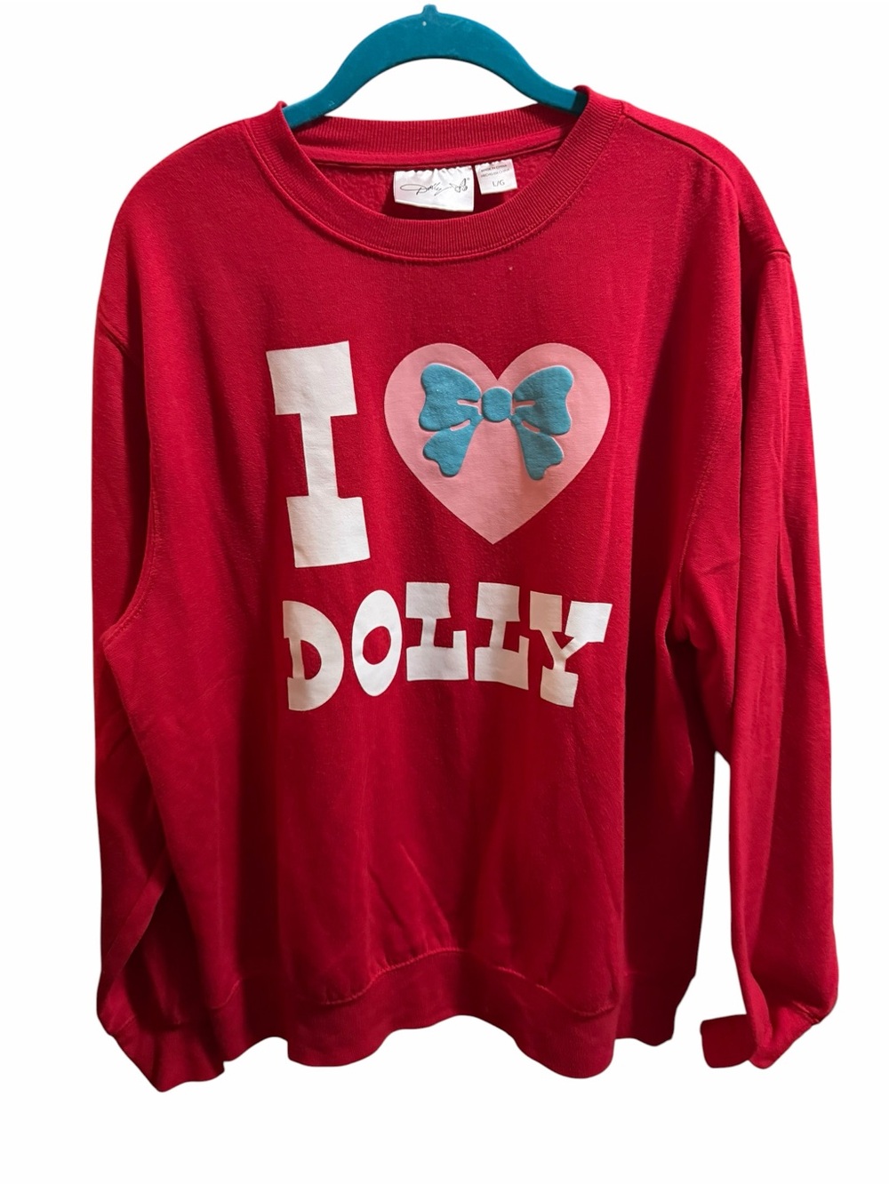 Dolly Parton Red Sweatshirt with Pink Heart and Blue Bow Graphic size large